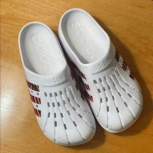Men's adidas White Slip-On Clogs with Orange and Black Stripe Accents. Size 8D